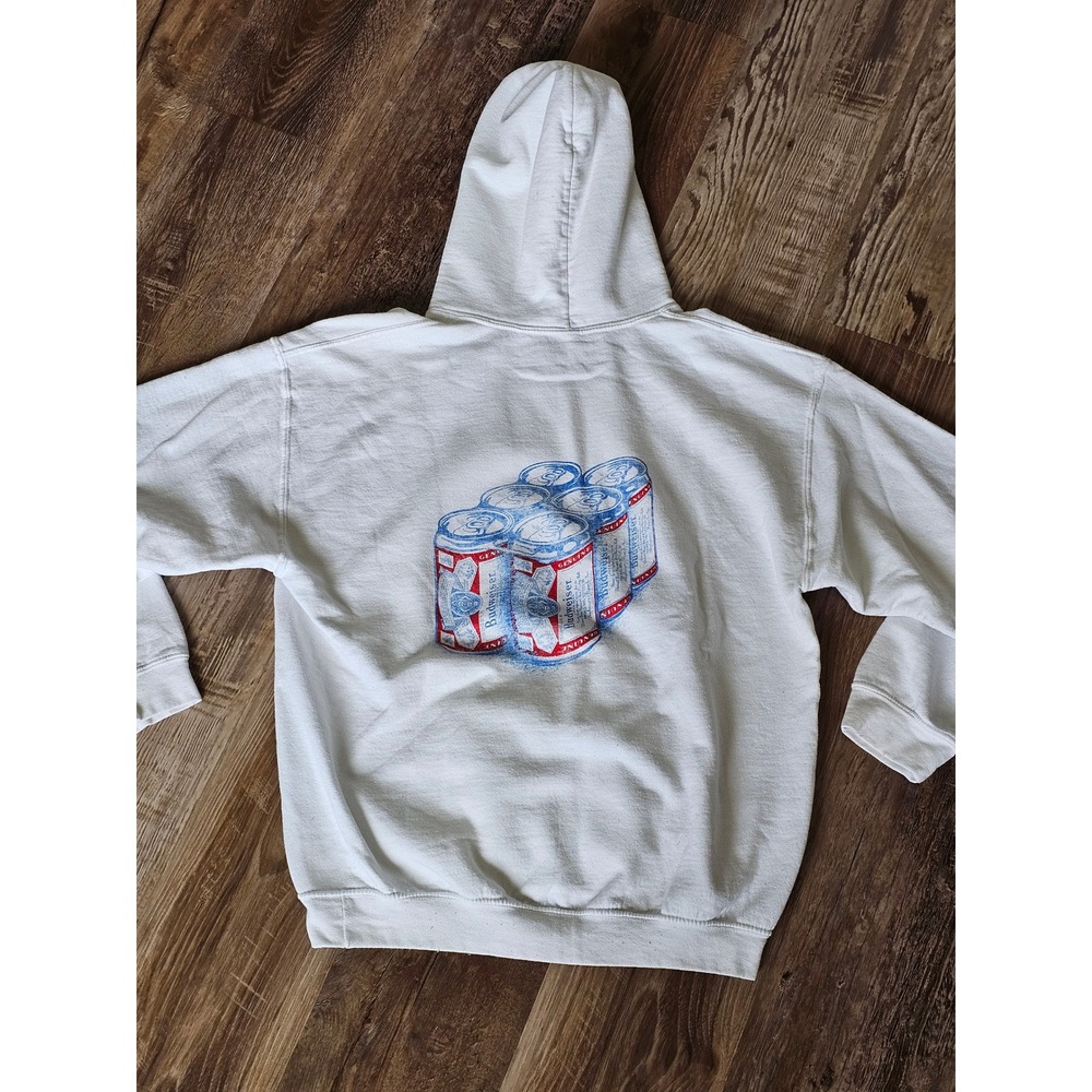 Brew City Budweiser White Hoodie Mens Large 6 Pack Graphic Pullover Sweatshirt